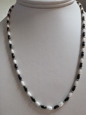 Vintage Black White Lucite Rice Bead Necklace Gold Accent Spacers